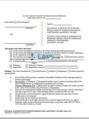 Form General Judgment of Summary Dissolution; and Money Award (1A)