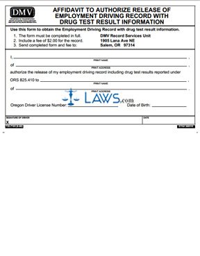 Form 7195 Employment Driving Record with Drug Testing Result Information - Affidavit to Authorize Release of 