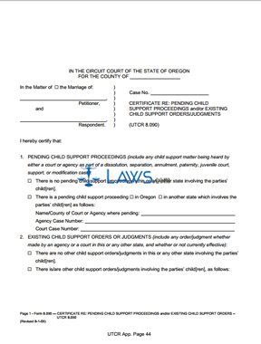 Certificate Re: Pending Child Support Proceedings and/or Existing Child Support Orders/Judgments (re