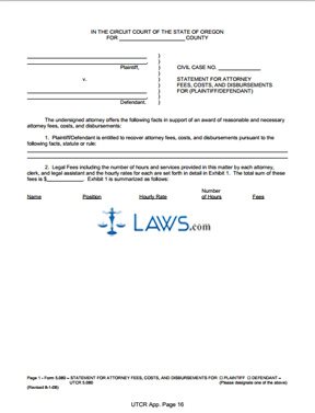 Statement for Attorney Fees and Cost Bill for (Plaintiff/Defendant)