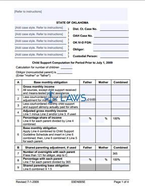 Form 03EN005E Child Support Computation for Period Prior to July 1, 2009