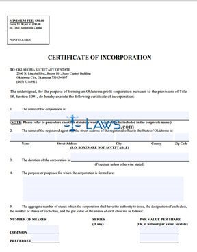 Form SOS FORM 0001-10/9 Certificate of Incorporation 