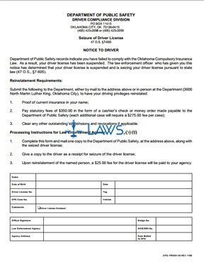 Form DPS: FR0591-56 Seizure of Driver License