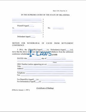 Motion for Withdrawal of Cause from Settlement Conference.