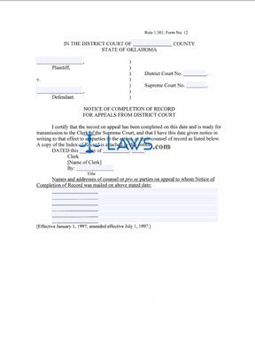 Notice of Completion of Record, District Court