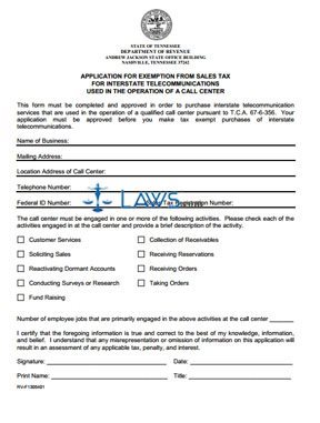 Form Application for Exemption from Sales Tax for Interstate Telecommunications in the Operation of a Call Center