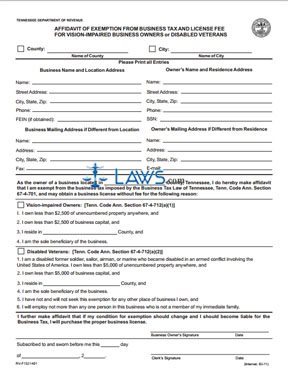 Form Affidavit of Exemption from Business Tax and License Fee for Vision-impaired Business Owners or Disabled Veterans