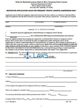 Form SF-1227 Restricted Application Valid For Frequent Traffic (Points) Suspension On