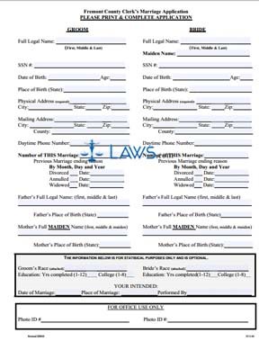 Form Marriage License Application - Fremont County