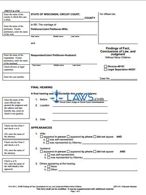 Form FA-4161 Findings of Fact, Conclusions of Law and Judgment - without Minor Children