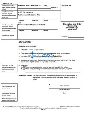 Form FA-4143 Stipulation and Order Dismissing Divorce/Legal Separation