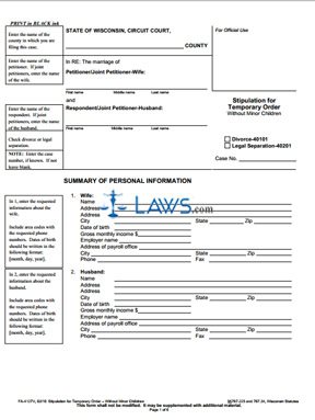 Form FA-4127 Stipulation for Temporary Order Without Minor Children