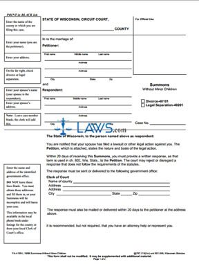 Form FA-4105 Summons Without Minor Children
