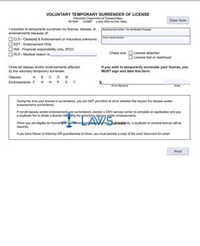 Form MV3581 Voluntary Temporary Surrender of License