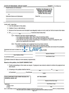 Form SC-511 Petition to Answer or to Reopen Small Claims Judgment and Order (Under 799.14(1) only)