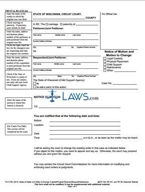 Form FA-4170V Notice of Motion and Motion to Change (Custody / Physical Placement / Support / Maintenance)