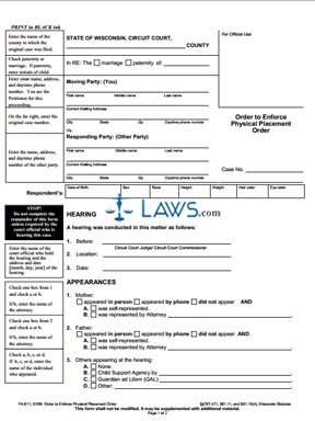 Form FA-611 Order to Enforce Physical Placement Order
