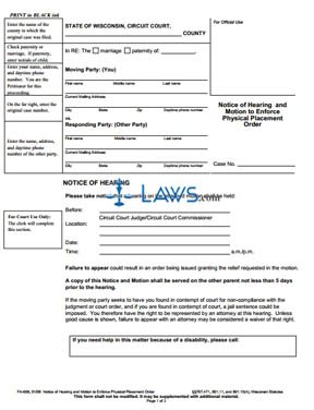 Form FA-609 Notice of Hearing and Motion to Enforce Physical Placement Order