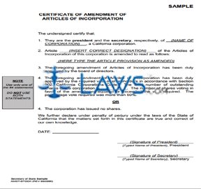 Form AMDT-STOCK Certificate of Amendment 