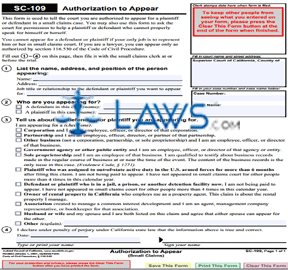 Authorization to Appear on Behalf of Party (Small Claims)