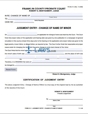 Form PC-NC-21.3 Judgment Entry - Change of Name of Minor