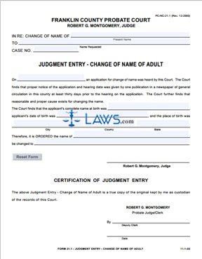 Form PC-NC-21.1 Judgement Entry- Change of Name of Adult