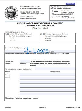 Form 533A Articles of Organization for a Domestic LLC 
