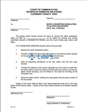 Form DR-112 Entry Converting Dissolution  to Action for Divorce 