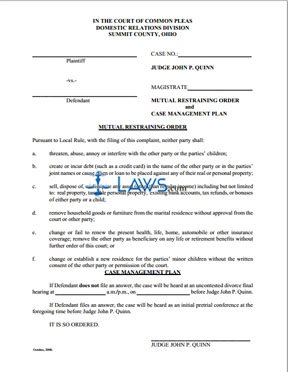 Form Mutual Restraining Order and Case Management Plan (Judge Quinn)