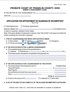 Form PC-G-17.0A Application for Appointment of Guardian of Incompetent