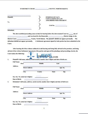 Form Findings of Fact, Conclusions of Law and Order for Judgment 