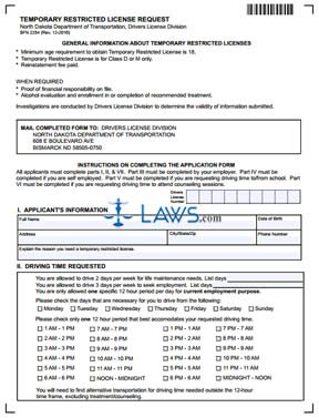 Form SFN2254 Temporary Restricted License Request