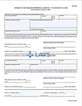 Affidavit of Mailing/Personal Service -- Plaintiff's Claim