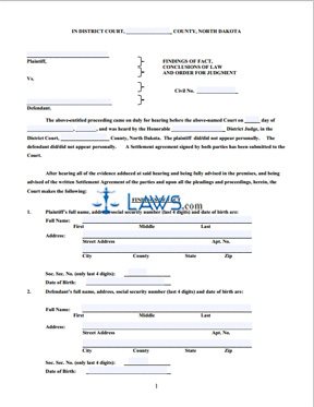 Findings of Fact, Conclusions of Law and Order for Judgment (for judge to sign)