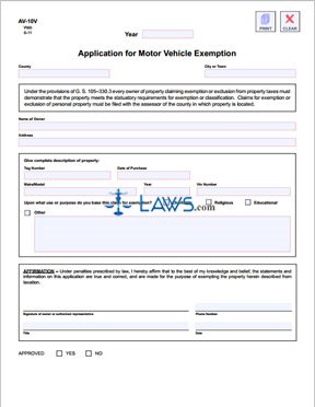 Form AV-10V Application for Motor Vehicle Exemption
