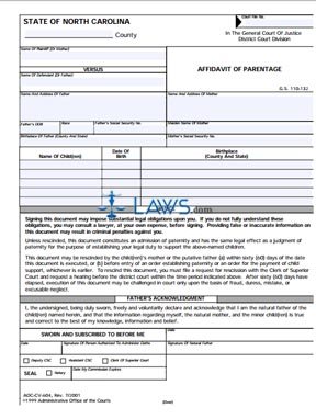 Form NC000159 Affidavit of Parentage