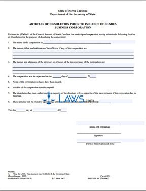 Form B-05 Articles of Dissolution Prior to Issuance of Shares 