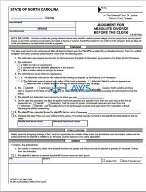 Form AOC-CV-710 Judgment for Absolute Divorce Before the Clerk