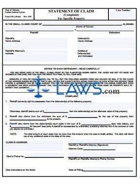 Form SM-2 Statement of Claim (Complaint, For Specific Property)