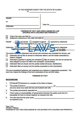 Form DR-800 & DR 805 (Combined) Findings of Fact and Conclusions of Law (Divorce with Property and Children) and Decree of Divorce 