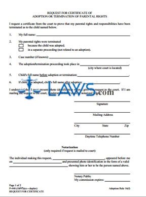 Request for Certificate of Adoption or Termination of Parental Rights