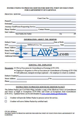 Instructions to Process Server for Serving Writ of Execution for Garnishment of Earnings