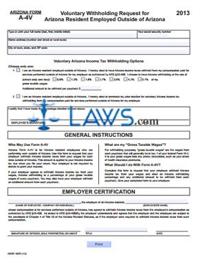 Form A-4V Voluntary Withholding Request for Arizona Resident Employed Outside of Arizona