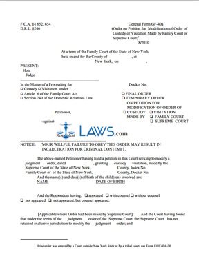Form GF-40a Order on Petition for  Modification of Order of Custody or Visitation Made by Family Court or Supreme Court