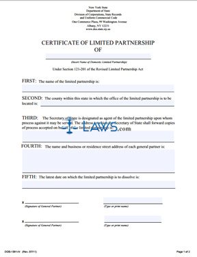 Form DOS-1391-fl Certificate of Limited Partnership 