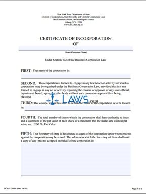 Form DOS-1239-f-l Certificate Incorporation - New York 