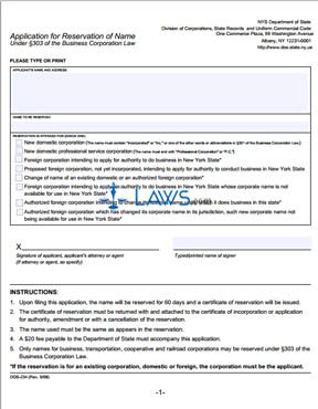 Form DOS-234 Application for Reservation of Name Form 