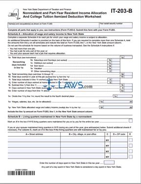 Form IT-203-B Nonresident and Part-Year Resident Income Allocation and College Tuition Itemized Deduction Worksheet 