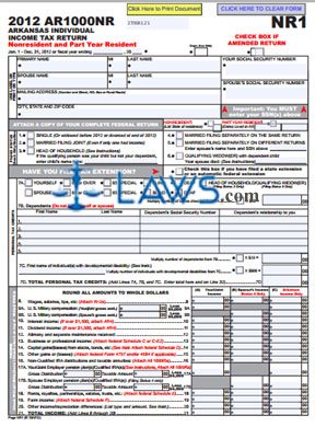 AR1000NR Part Year or Non-Resident Individual Income Tax Return