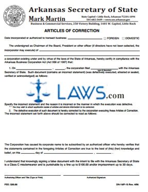 Form DN-16 Articles of Correction (Corporation) 